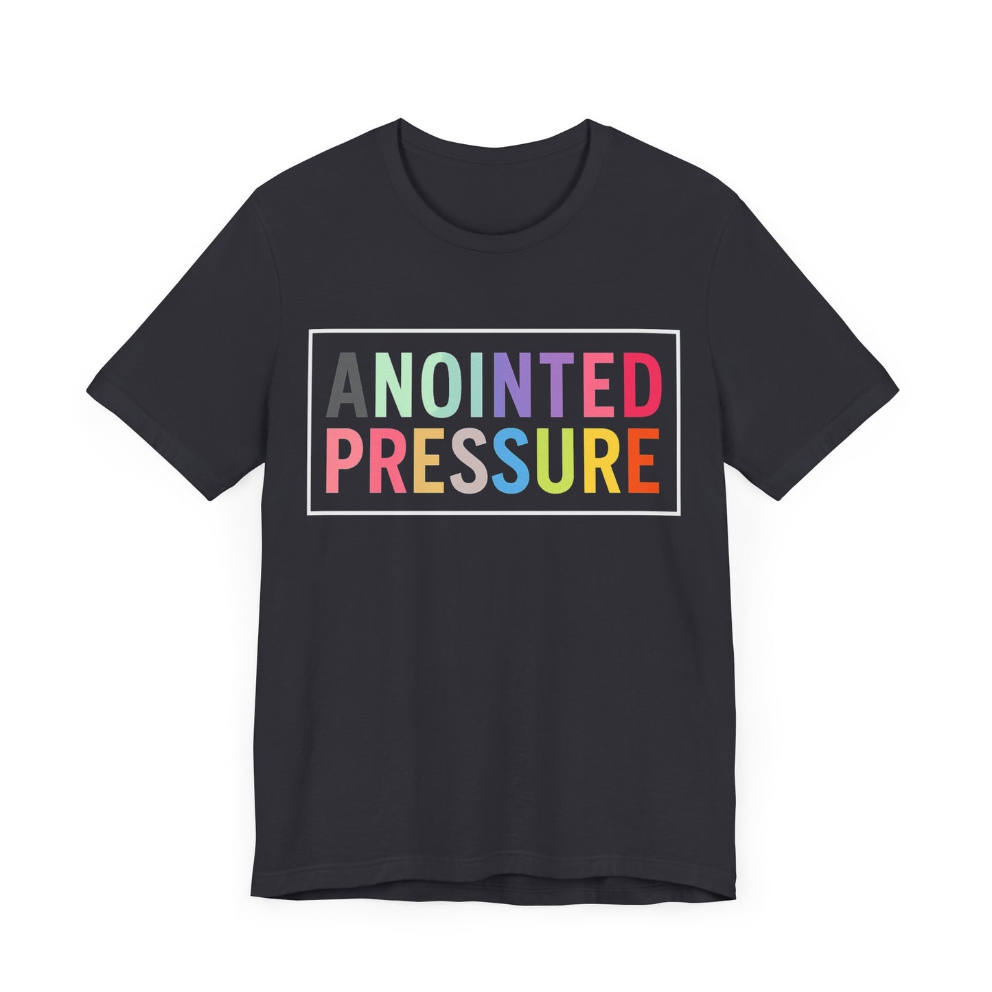“Anointed Pressure” in bold pastel-colored letters, framed in white on a black background, representing strength and purpose through faith.