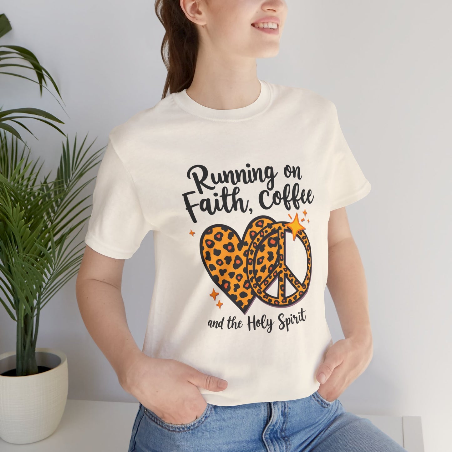 Fun and faith-filled tee – 'Running on Faith, Coffee and the Holy Spirit' Christian design by Klippette
