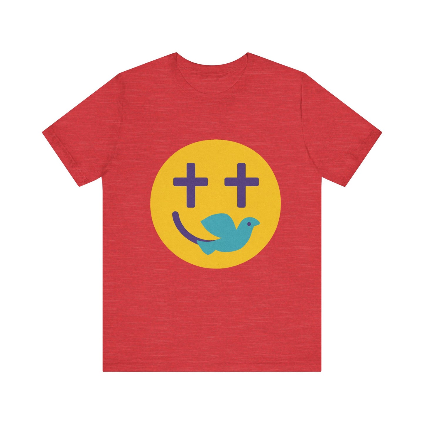 Woman wearing a navy Christian t-shirt with a smiley face design featuring purple cross eyes and a blue dove forming the smile.