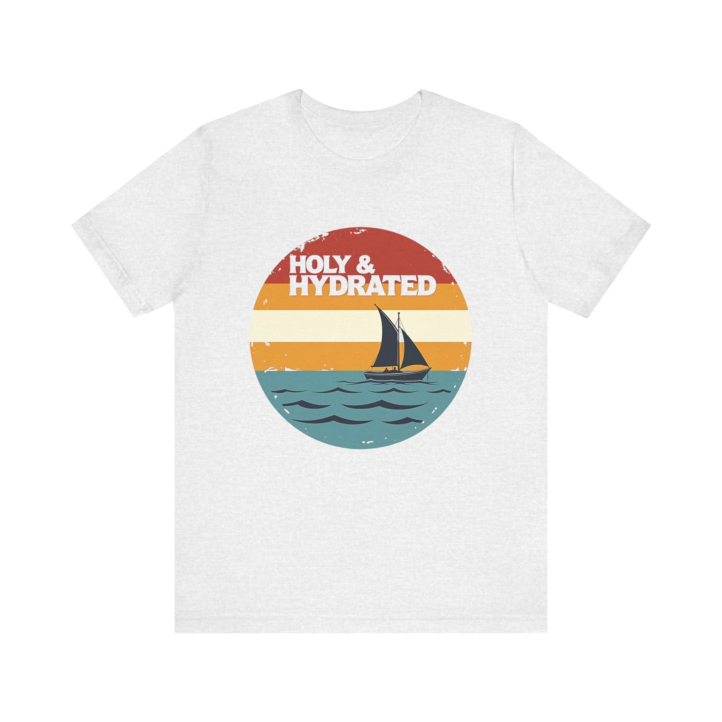Faith-based summer t-shirt design with the phrase “Holy and Hydrated” in playful, bold lettering
