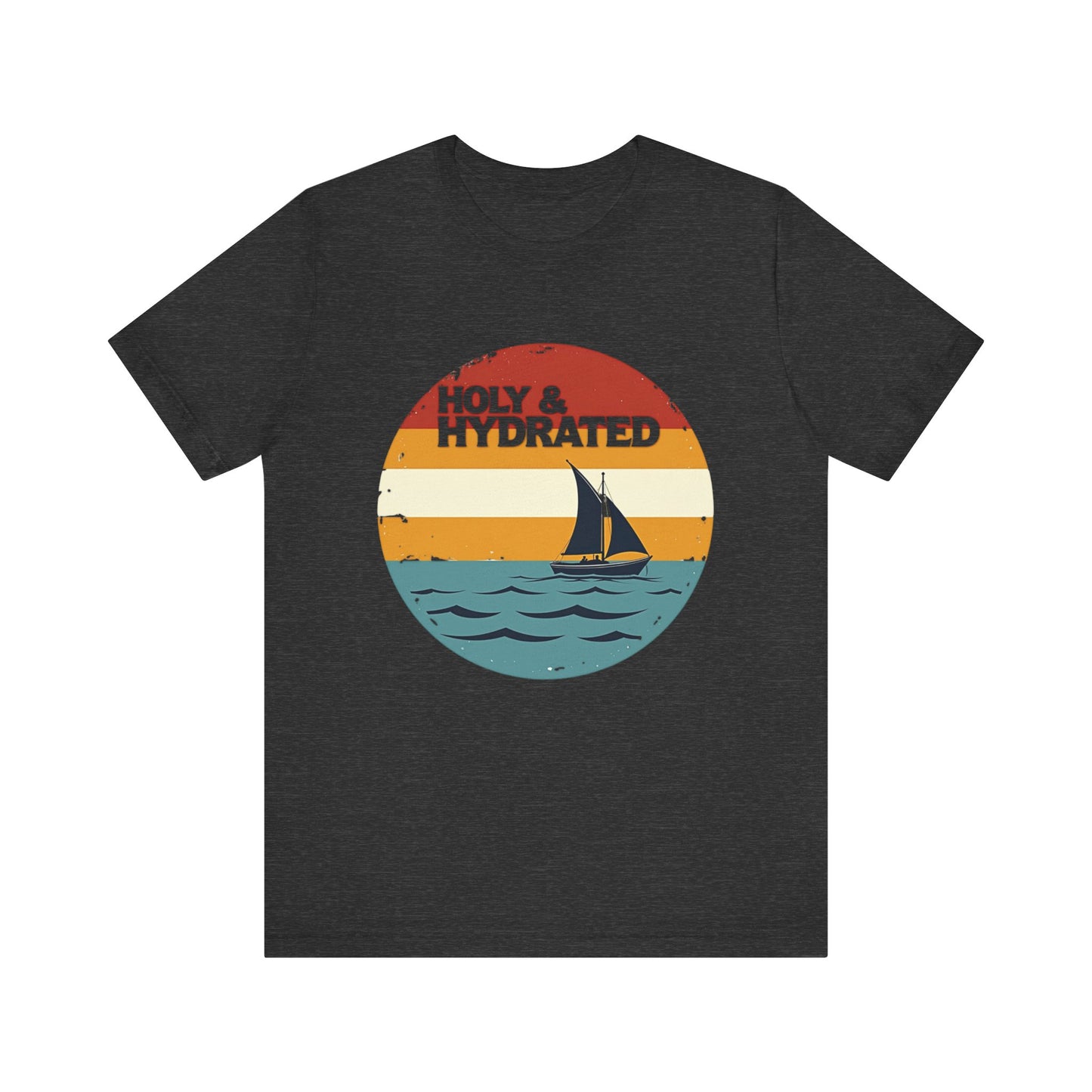 Faith-based summer t-shirt design with the phrase “Holy and Hydrated” in playful, bold lettering
