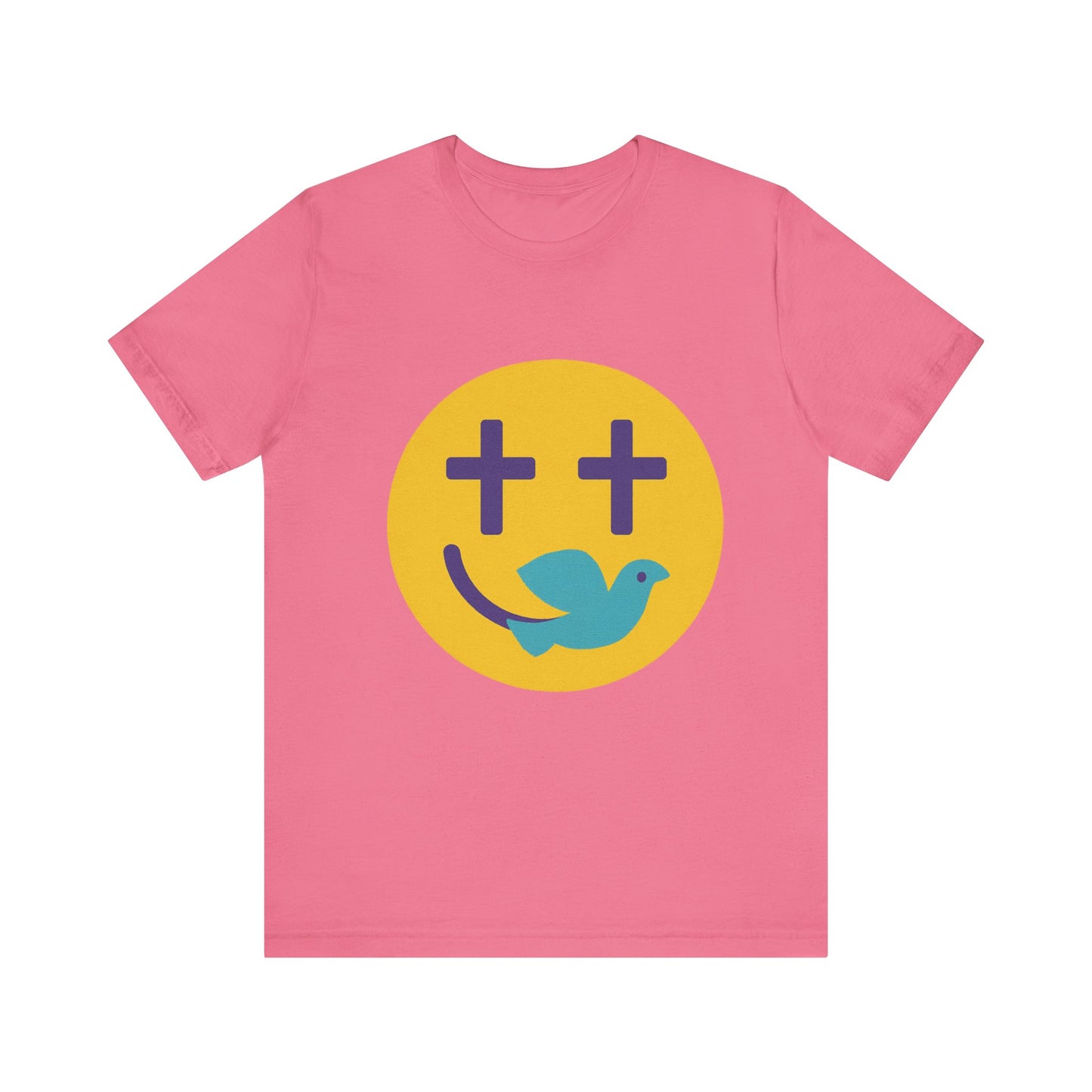Woman wearing a navy Christian t-shirt with a smiley face design featuring purple cross eyes and a blue dove forming the smile.