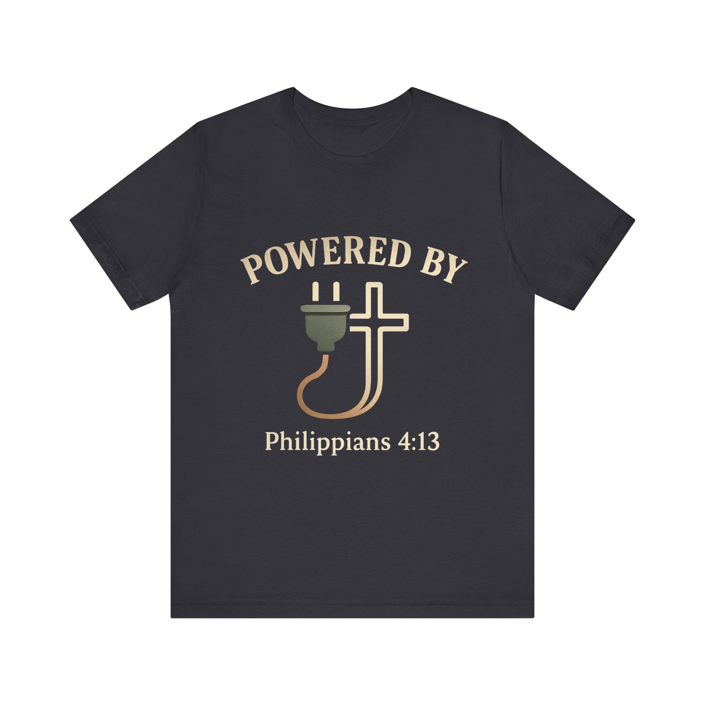 Christian t-shirt with “Powered by Philippians 4:13” text – bold faith-based apparel for men and women.