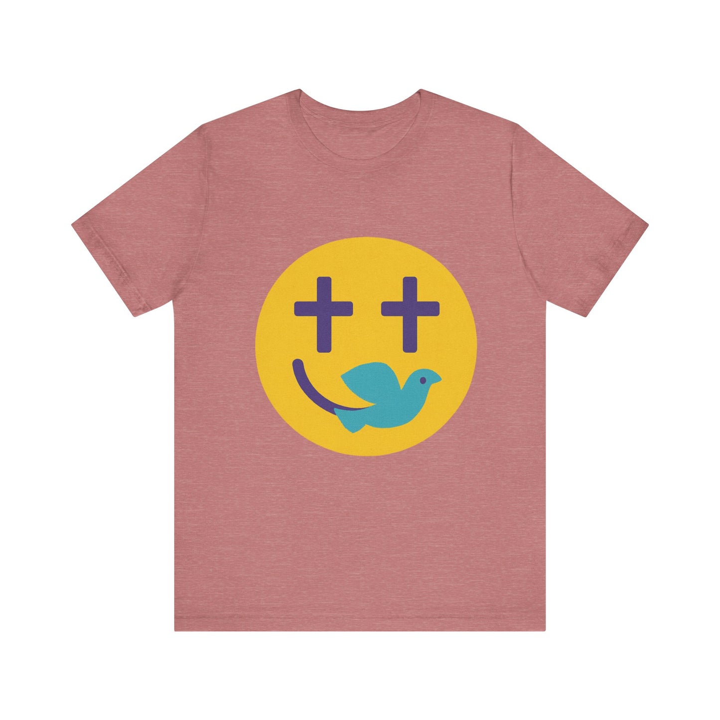 Woman wearing a navy Christian t-shirt with a smiley face design featuring purple cross eyes and a blue dove forming the smile.