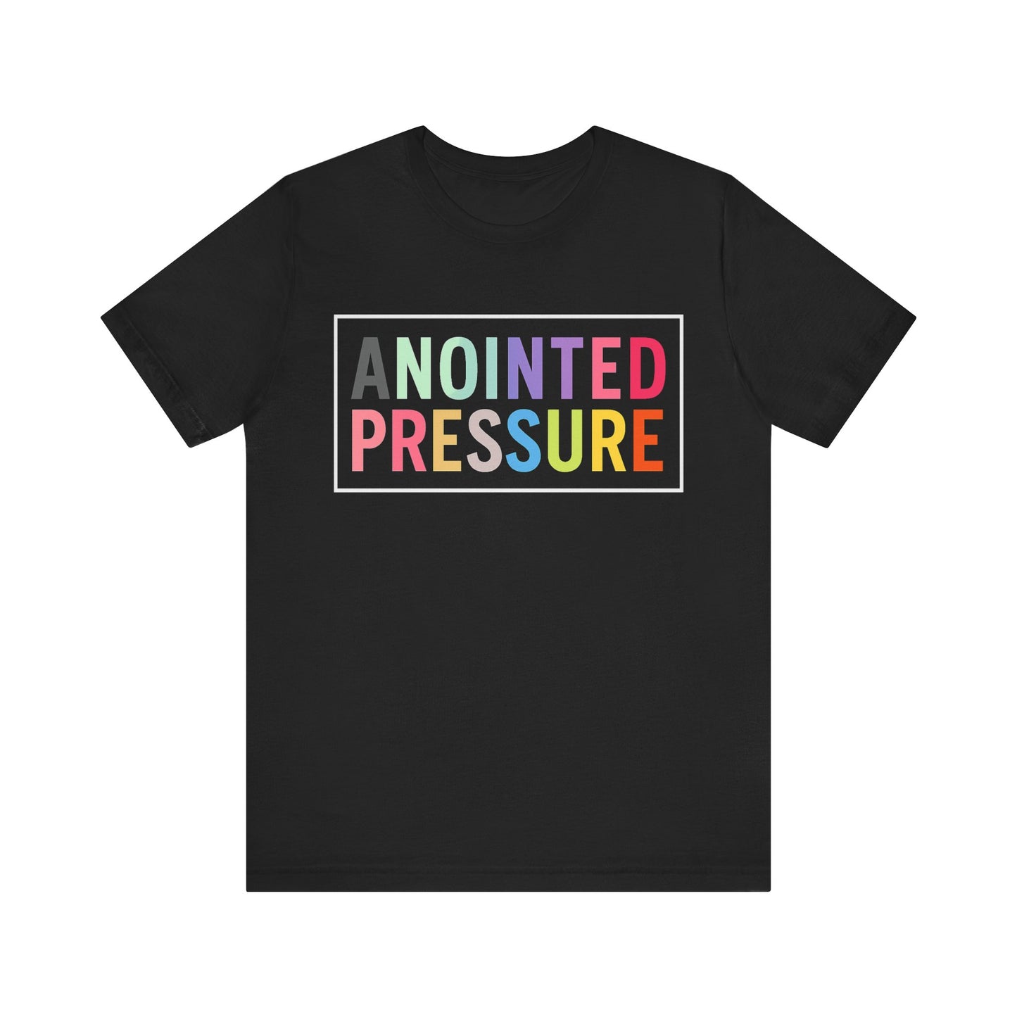 “Anointed Pressure” in bold pastel-colored letters, framed in white on a black background, representing strength and purpose through faith.