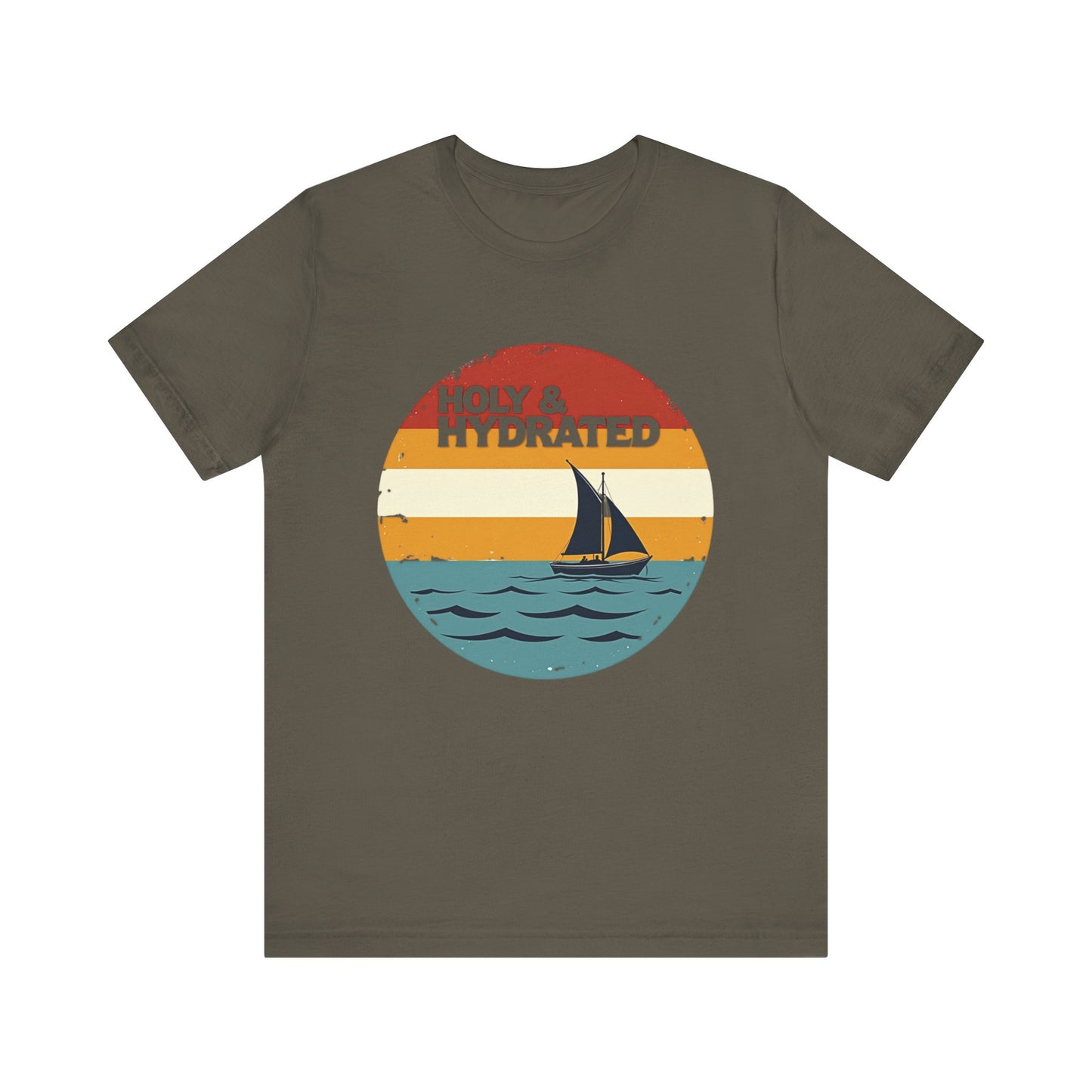 Faith-based summer t-shirt design with the phrase “Holy and Hydrated” in playful, bold lettering