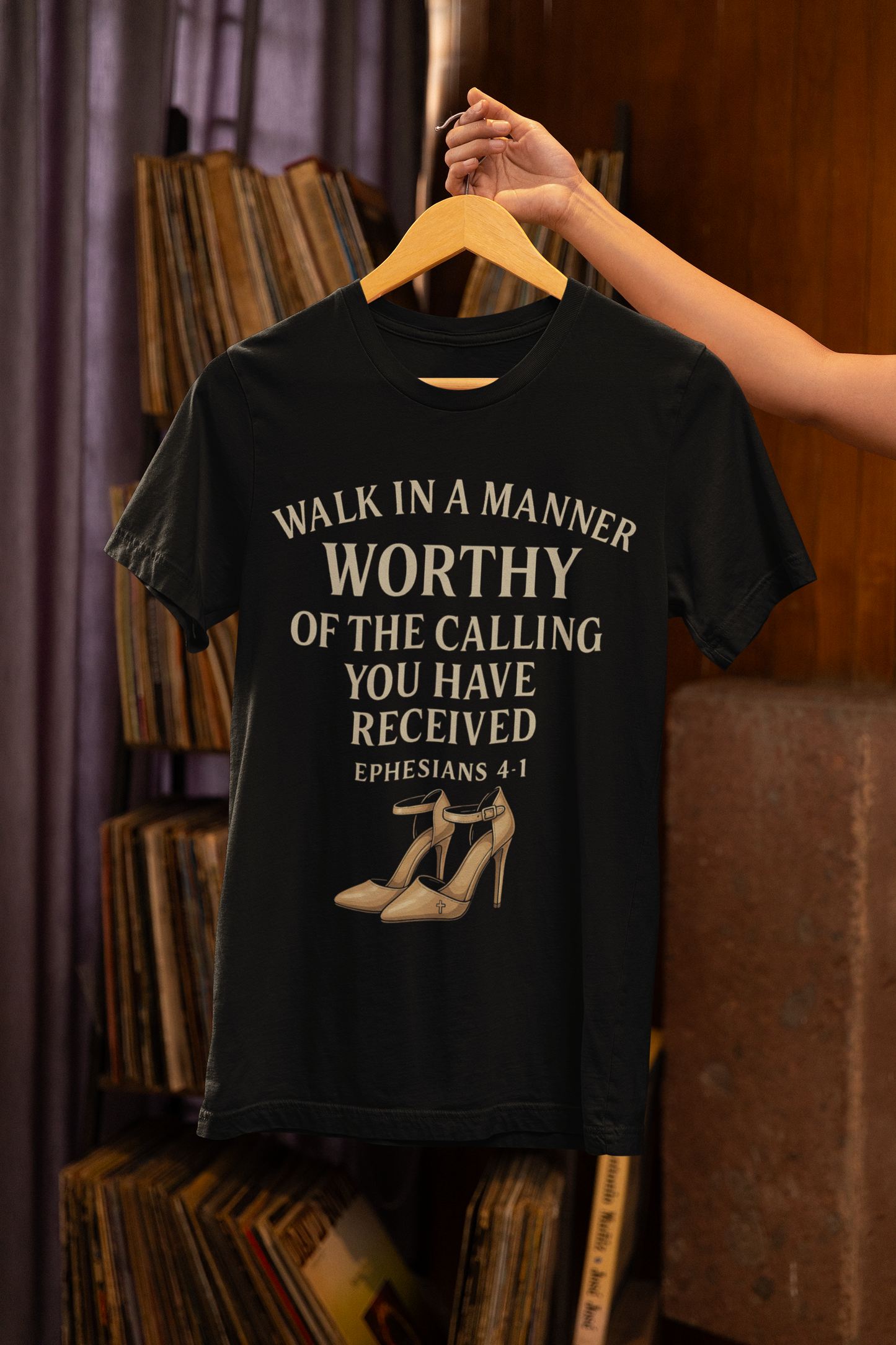 T-shirt design with the phrase "Walk in the manner of the calling you have received" inspired by Ephesians 4:1 – Christian faith apparel