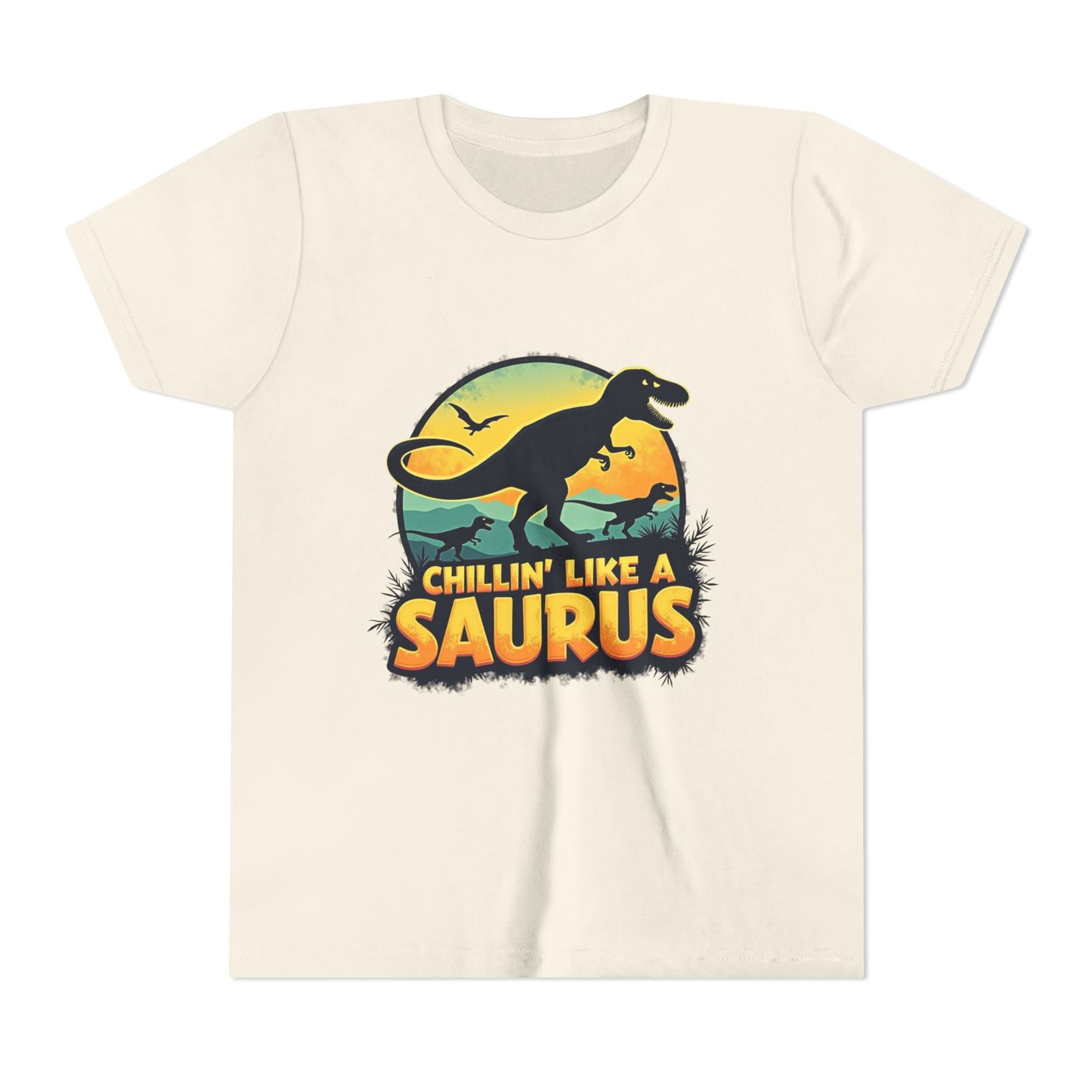 Fun dinosaur with the phrase "Chillin’ Like a Saurus" – playful summer kids t-shirt design