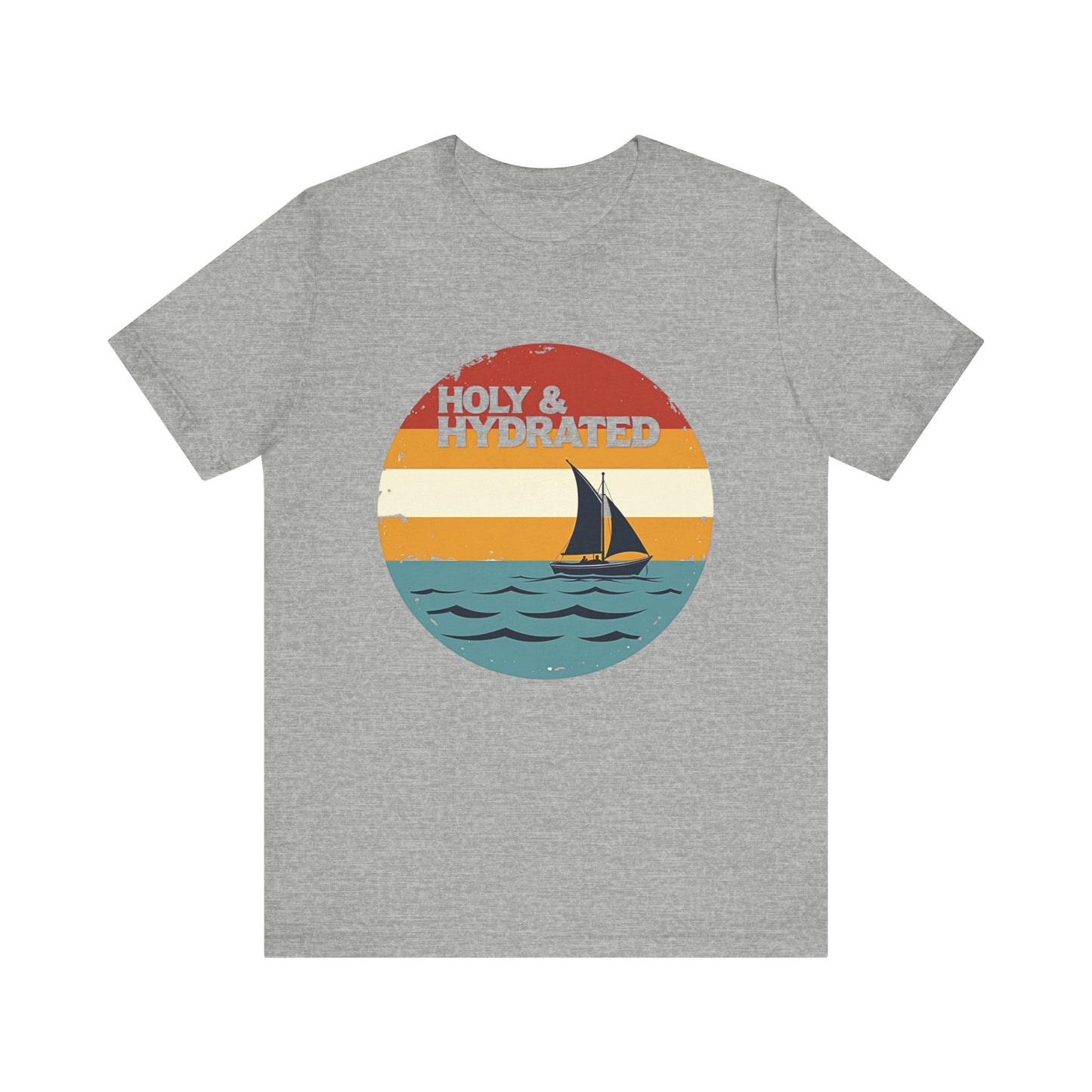 Faith-based summer t-shirt design with the phrase “Holy and Hydrated” in playful, bold lettering