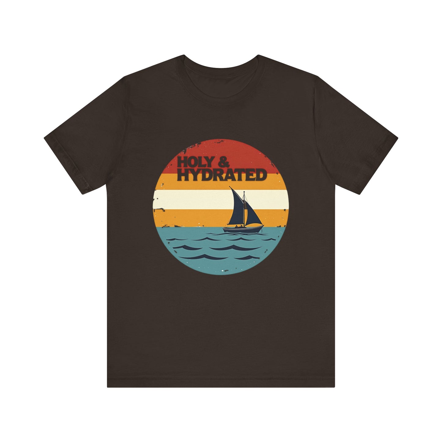 Faith-based summer t-shirt design with the phrase “Holy and Hydrated” in playful, bold lettering