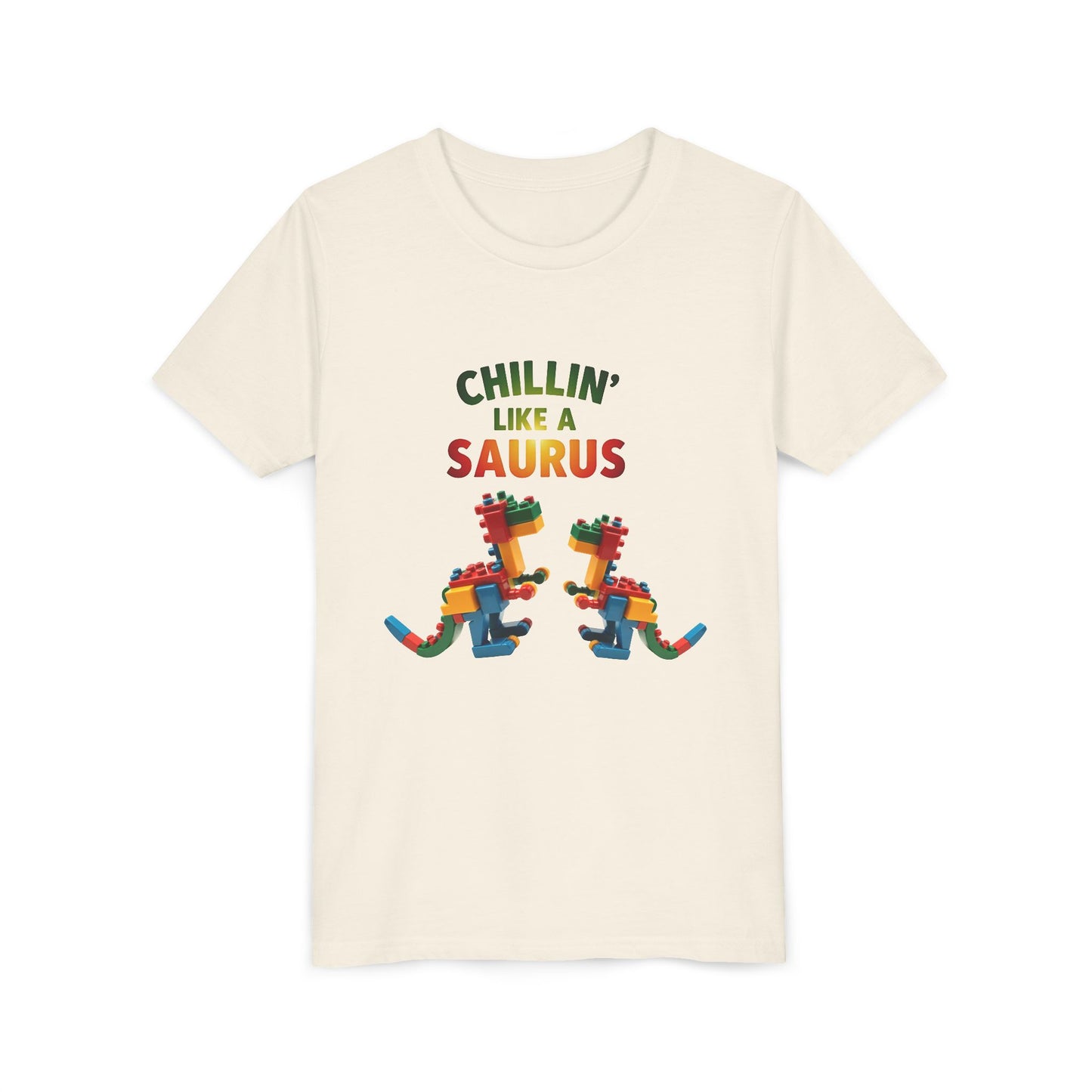 Colorful toy block dinosaur with the phrase "Chillin’ Like a Saurus" – playful summer kids t-shirt design