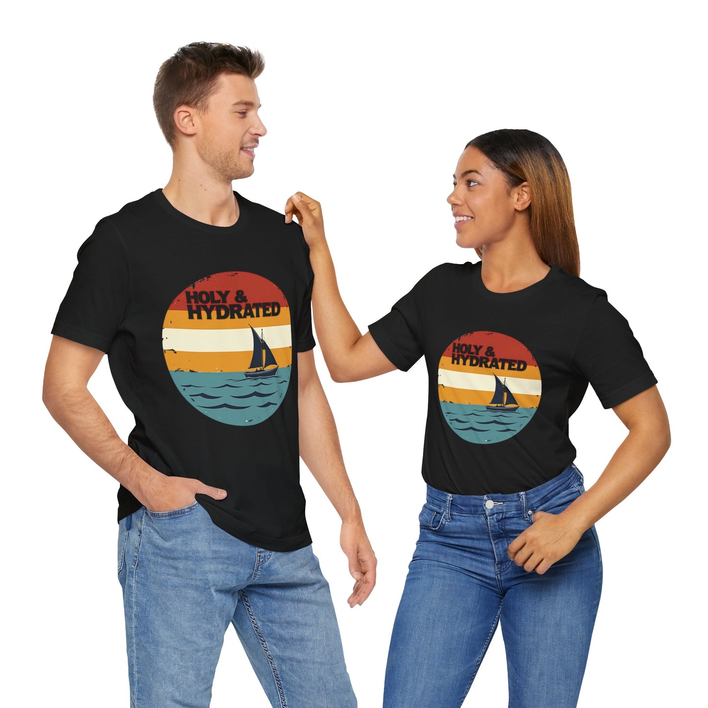 Faith-based summer t-shirt design with the phrase “Holy and Hydrated” in playful, bold lettering