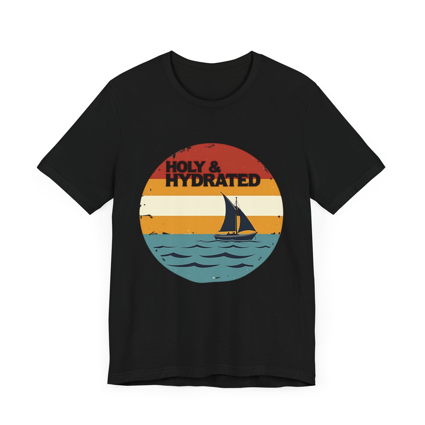 Faith-based summer t-shirt design with the phrase “Holy and Hydrated” in playful, bold lettering