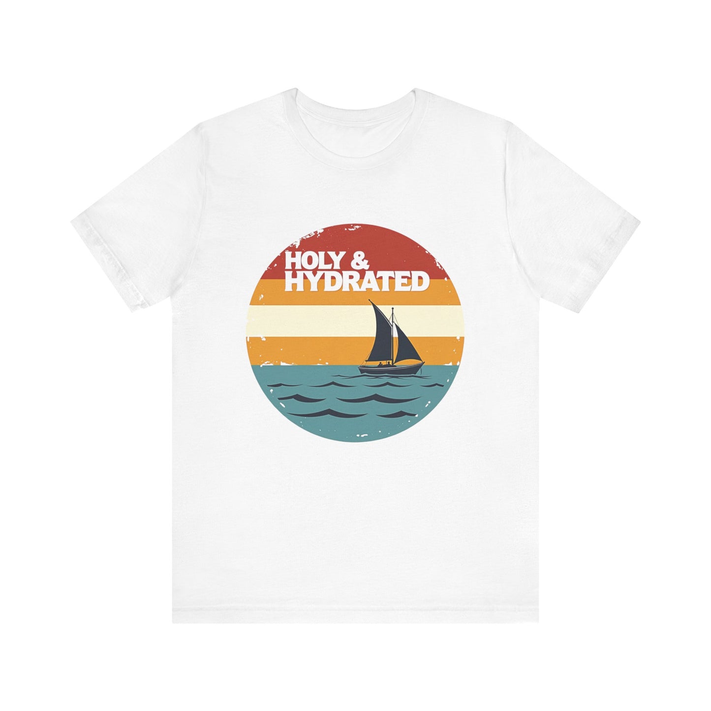 Faith-based summer t-shirt design with the phrase “Holy and Hydrated” in playful, bold lettering