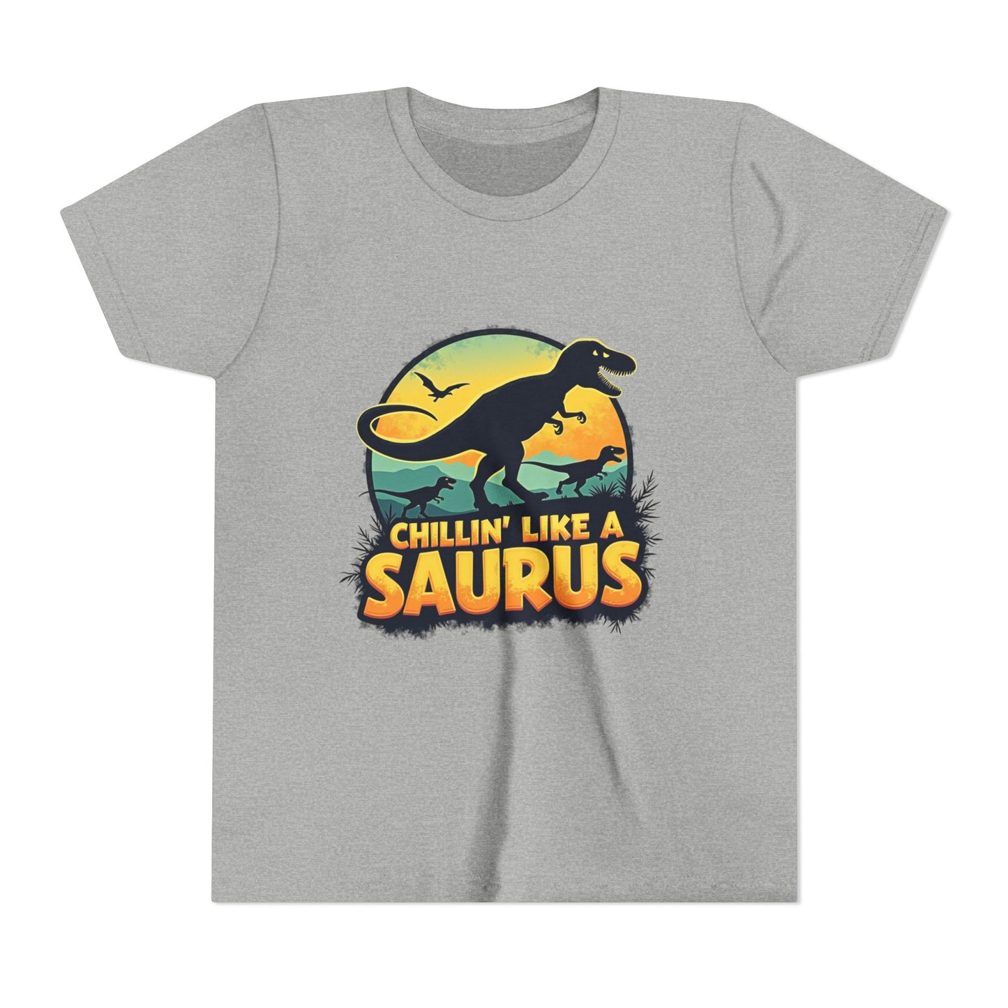 Fun dinosaur with the phrase "Chillin’ Like a Saurus" – playful summer kids t-shirt design