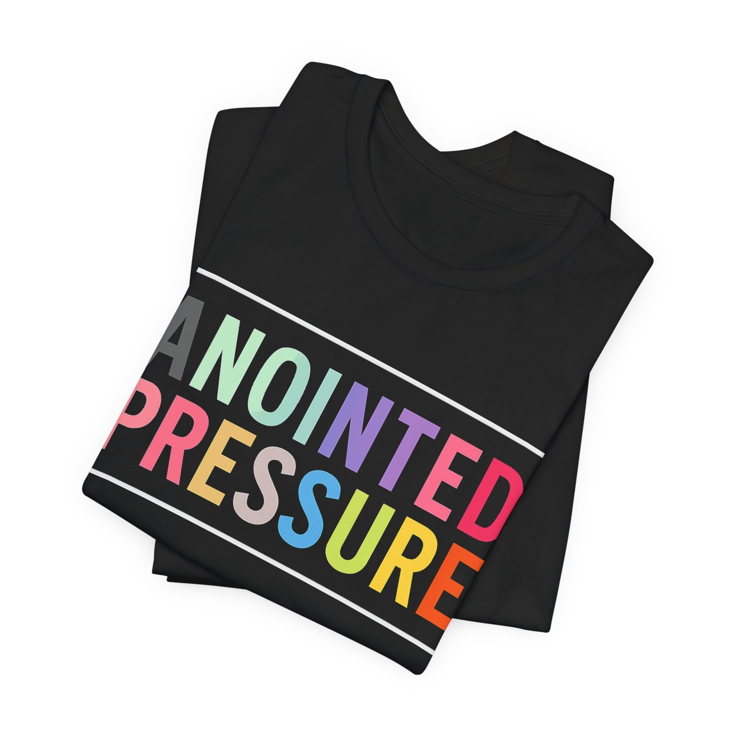 “Anointed Pressure” in bold pastel-colored letters, framed in white on a black background, representing strength and purpose through faith.
