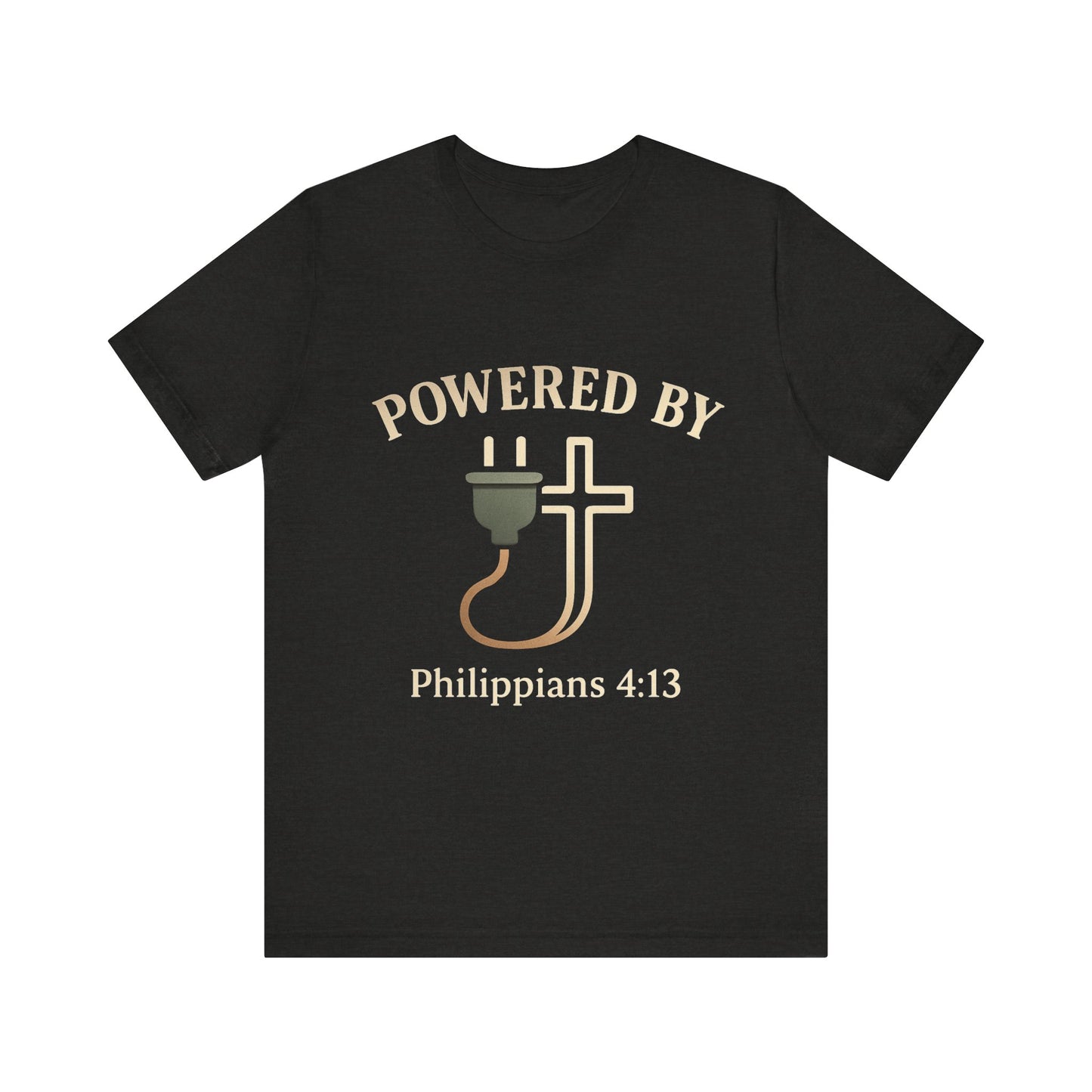 Christian t-shirt with “Powered by Philippians 4:13” text – bold faith-based apparel for men and women.