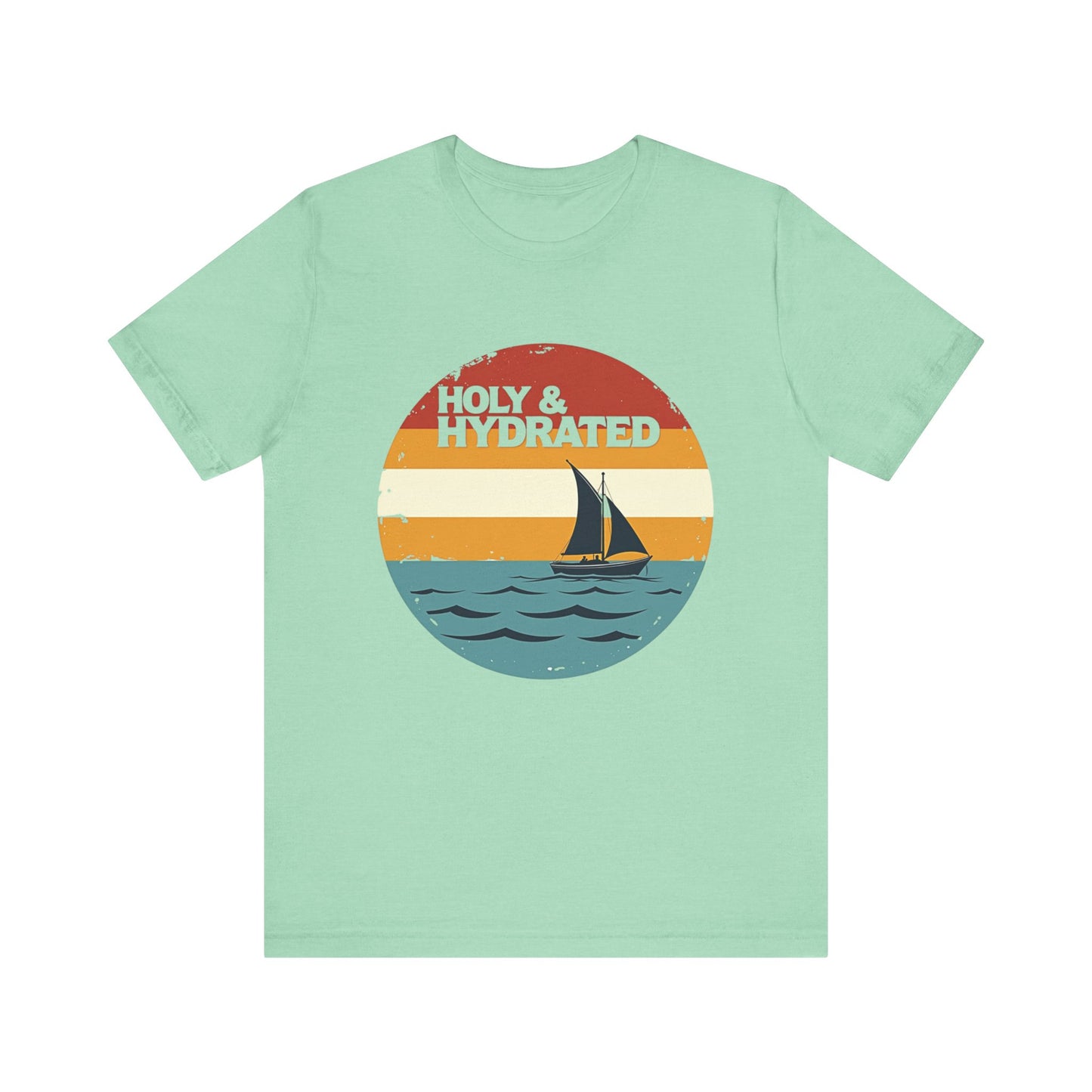 Faith-based summer t-shirt design with the phrase “Holy and Hydrated” in playful, bold lettering
