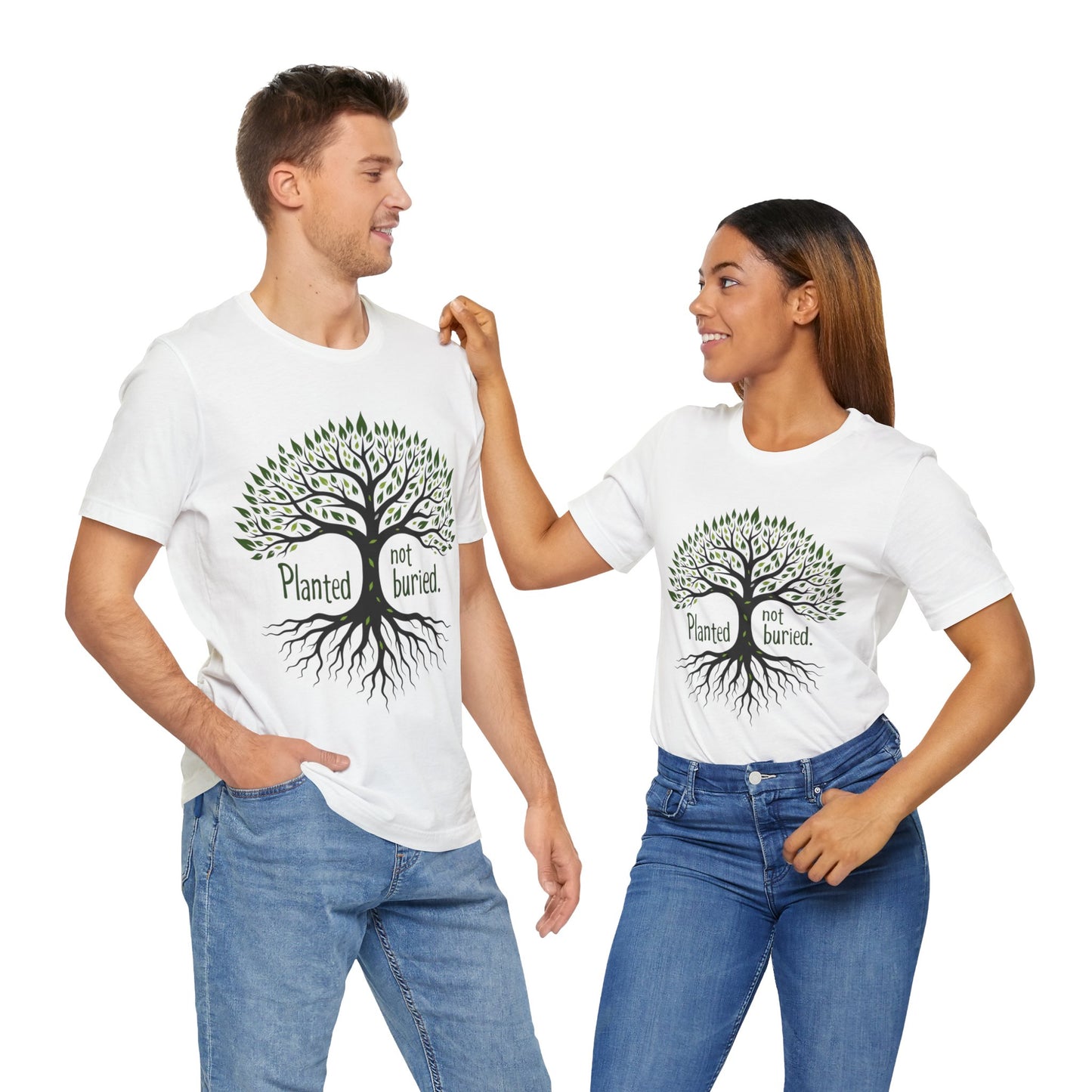 "Christian shirt with the phrase 'Planted Not Buried' in earthy tones, symbolizing spiritual growth and divine purpose."