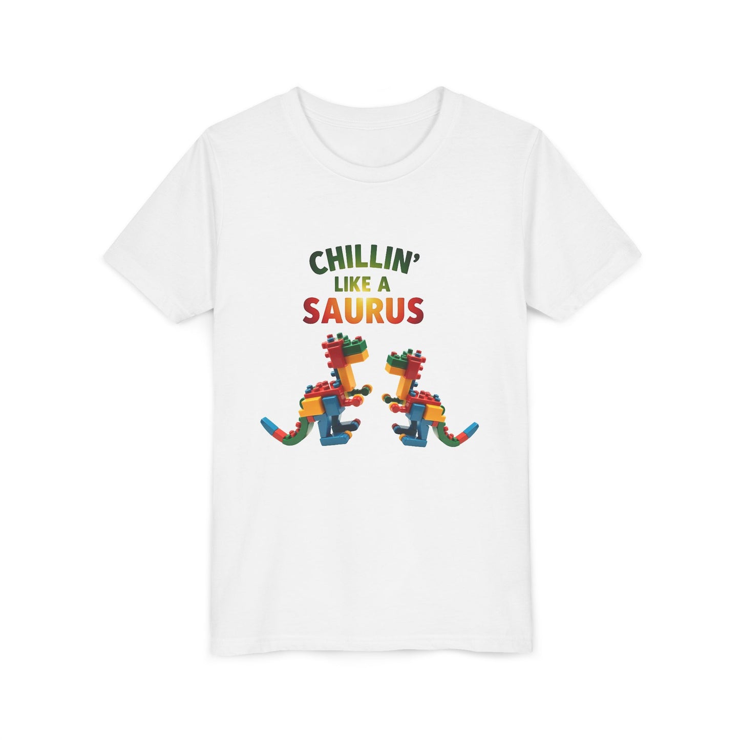Colorful toy block dinosaur with the phrase "Chillin’ Like a Saurus" – playful summer kids t-shirt design