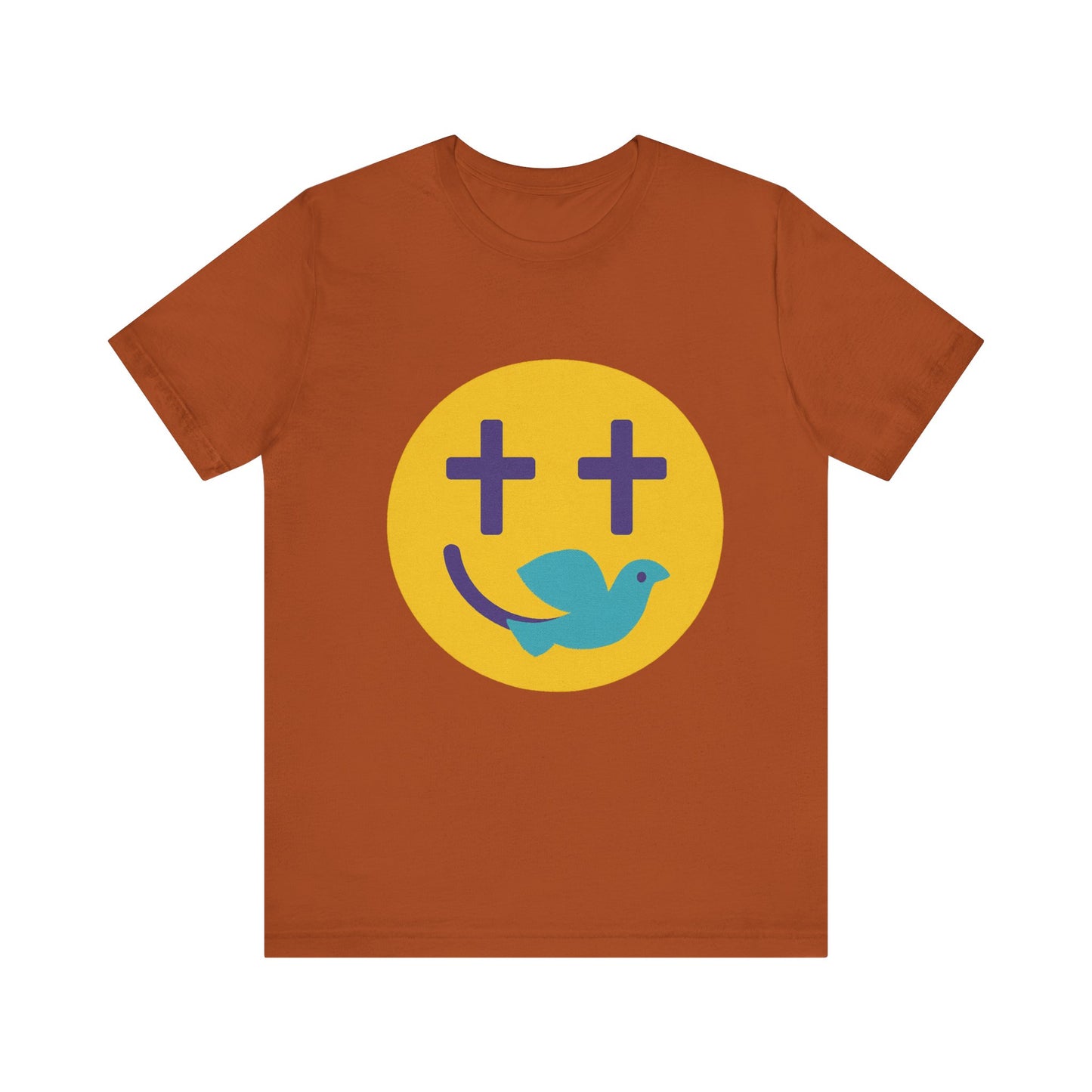 Woman wearing a navy Christian t-shirt with a smiley face design featuring purple cross eyes and a blue dove forming the smile.