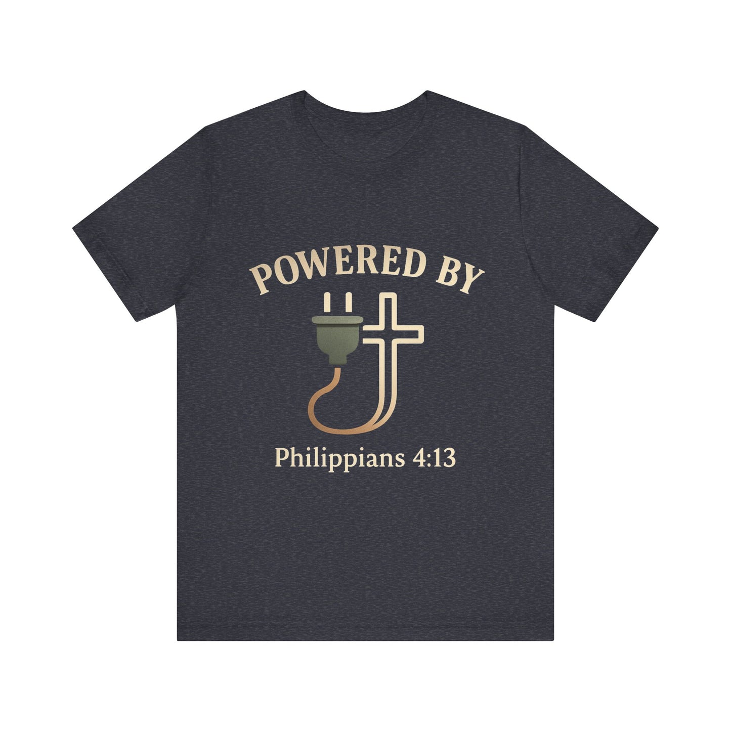 Christian t-shirt with “Powered by Philippians 4:13” text – bold faith-based apparel for men and women.