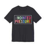 “Anointed Pressure” in bold pastel-colored letters, framed in white on a black background, representing strength and purpose through faith.

