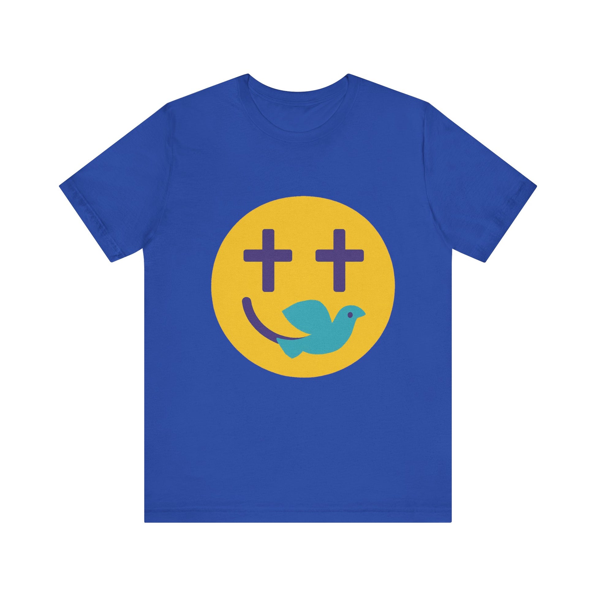 Woman wearing a navy Christian t-shirt with a smiley face design featuring purple cross eyes and a blue dove forming the smile.