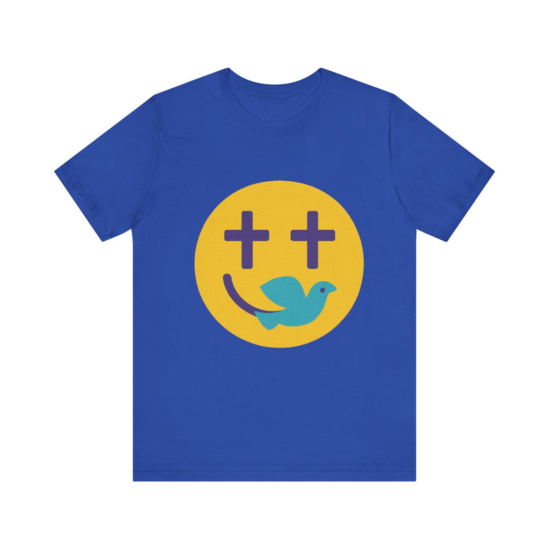 Woman wearing a navy Christian t-shirt with a smiley face design featuring purple cross eyes and a blue dove forming the smile.