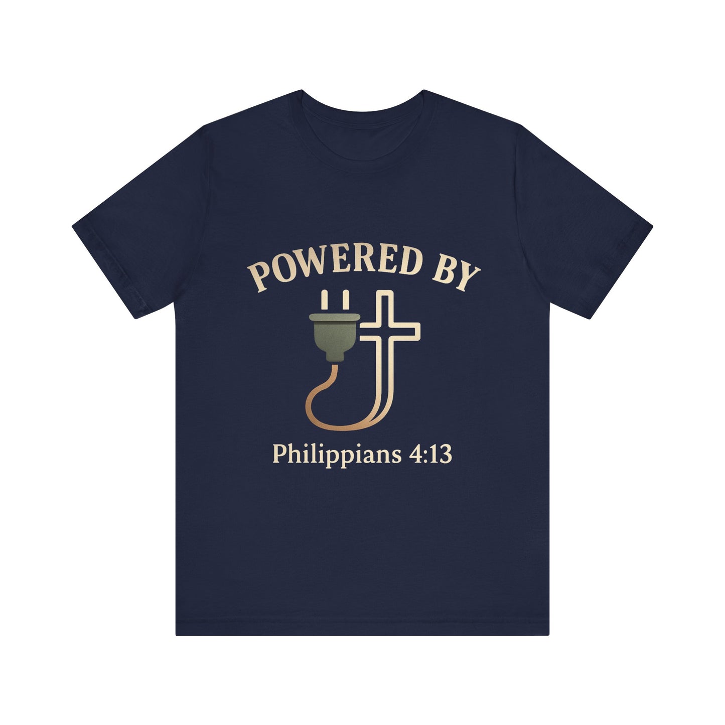 Christian t-shirt with “Powered by Philippians 4:13” text – bold faith-based apparel for men and women.