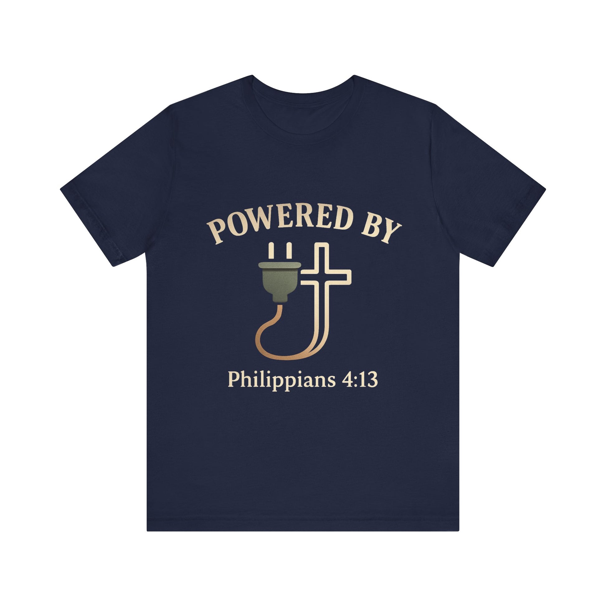 Christian t-shirt with “Powered by Philippians 4:13” text – bold faith-based apparel for men and women.