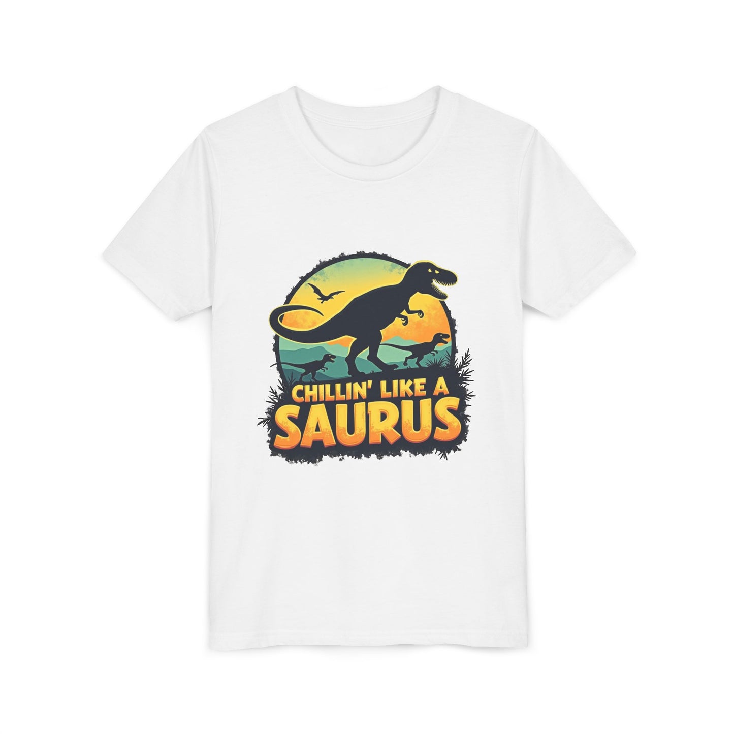 Fun dinosaur with the phrase "Chillin’ Like a Saurus" – playful summer kids t-shirt design