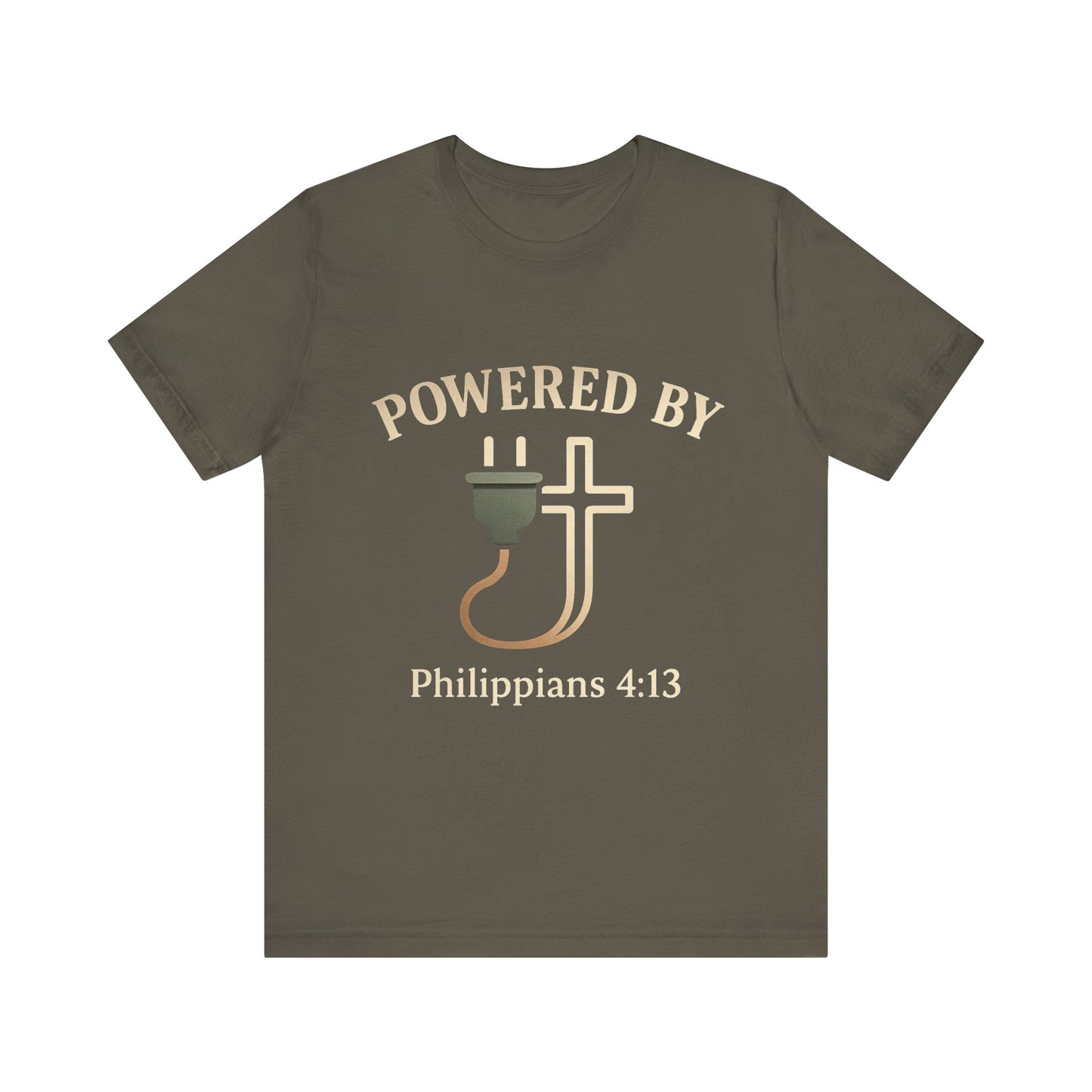 Christian t-shirt with “Powered by Philippians 4:13” text – bold faith-based apparel for men and women.