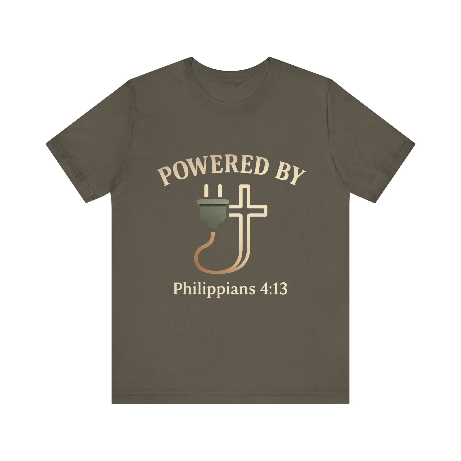 Christian t-shirt with “Powered by Philippians 4:13” text – bold faith-based apparel for men and women.