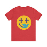 Woman wearing a navy Christian t-shirt with a smiley face design featuring purple cross eyes and a blue dove forming the smile.