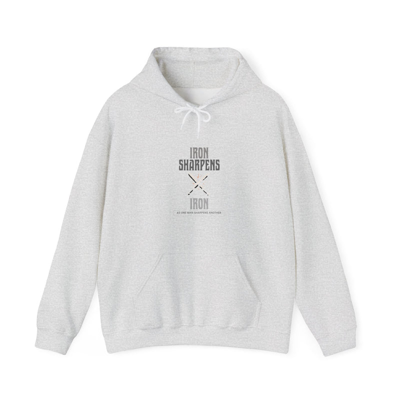 Gray hoodie with 'Iron Sharpens Iron' text on a white background