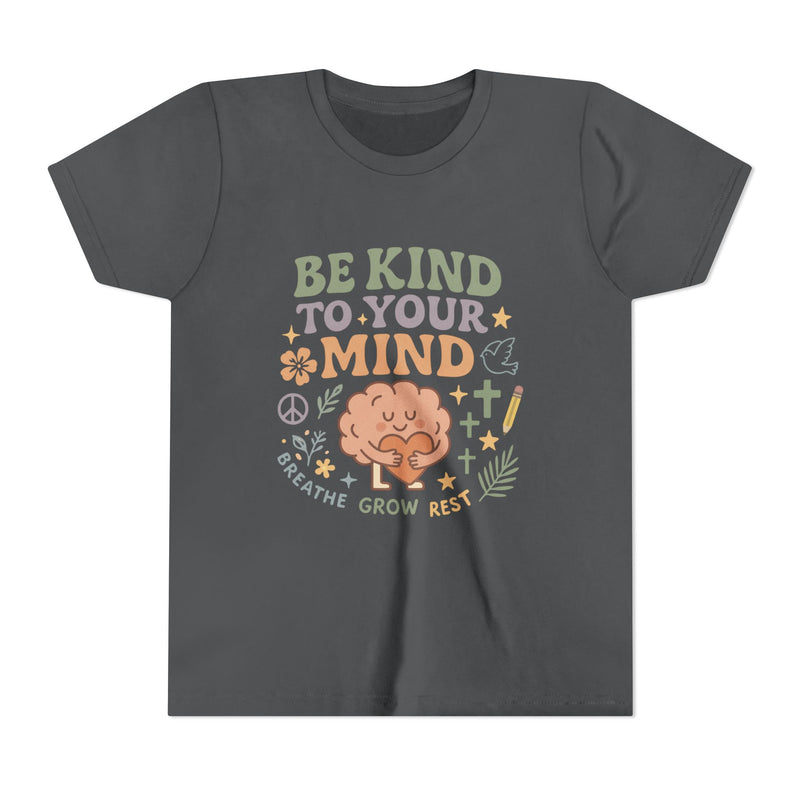 Retro-style t-shirt with “Be Kind to Your Mind” text, featuring a smiling cartoon brain hugging a heart, surrounded by peaceful doodles and affirmations like “Breathe,” “Grow,” and “Rest.”