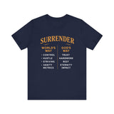 A minimalist design featuring the word "Surrender" in soft, flowing script symbolizing peace, release, and spiritual trust.
