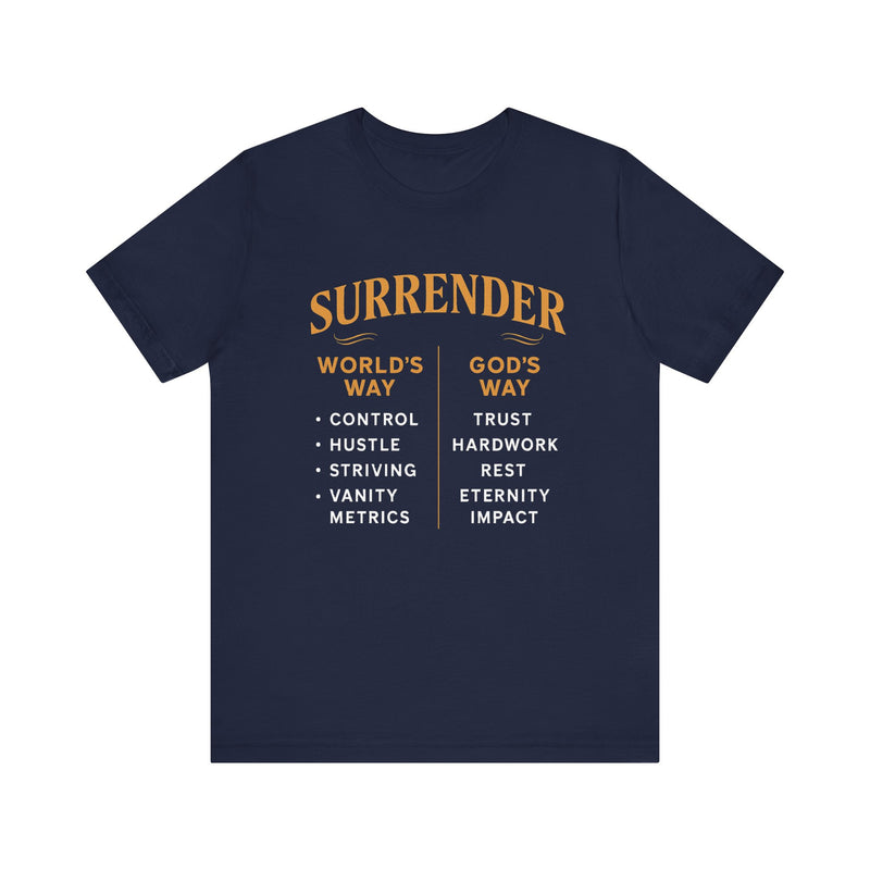 A minimalist design featuring the word "Surrender" in soft, flowing script symbolizing peace, release, and spiritual trust.