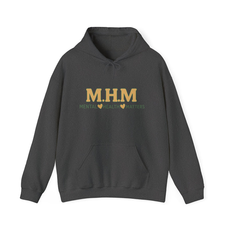 Hoodie design featuring the bold acronym M.H.M with the full text “Mental Health Matters” in modern, expressive lettering.