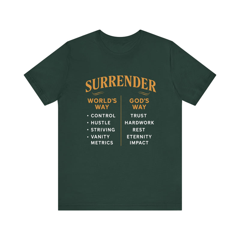 A minimalist design featuring the word "Surrender" in soft, flowing script symbolizing peace, release, and spiritual trust.