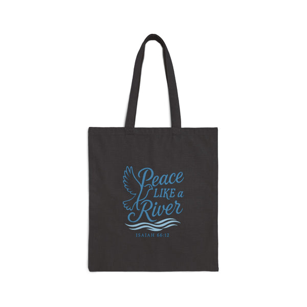 Peace Like a River” tote bag with dove illustration forming the ‘P’ in Peace, blue flowing river lines, and Isaiah 66:12 scripture text.