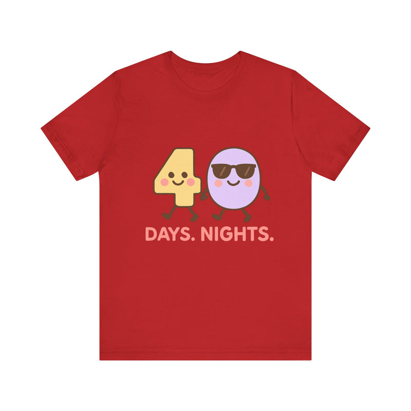 Christian t-shirt featuring the numbers 4 and 0 holding hands, symbolizing “40 Days and Nights” – faith journey design by Klippette.