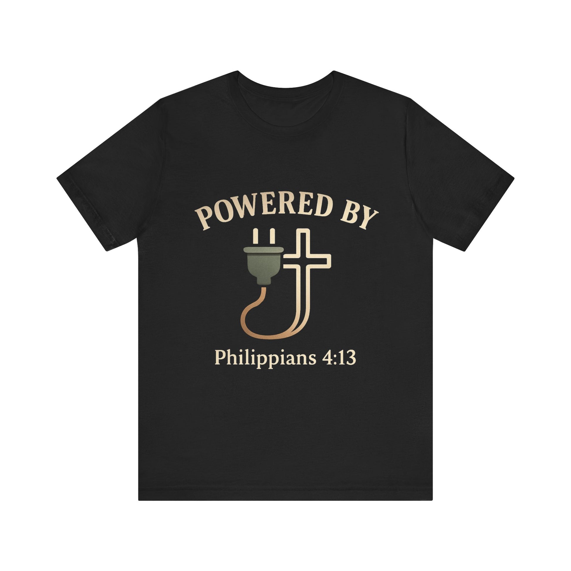 Christian t-shirt with “Powered by Philippians 4:13” text – bold faith-based apparel for men and women.