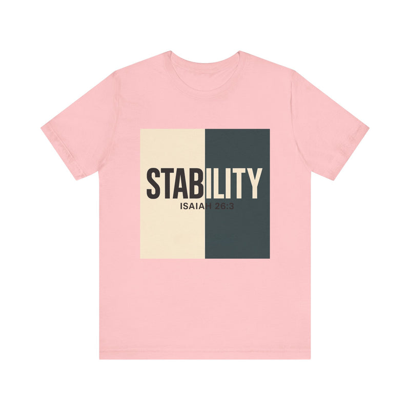 A bold, graphic design featuring the word “STABILITY” split across two contrasting colored backgrounds, with half the word on each side. Referenced scripture Isaiah 26:3 anchors the message visually and spiritually.