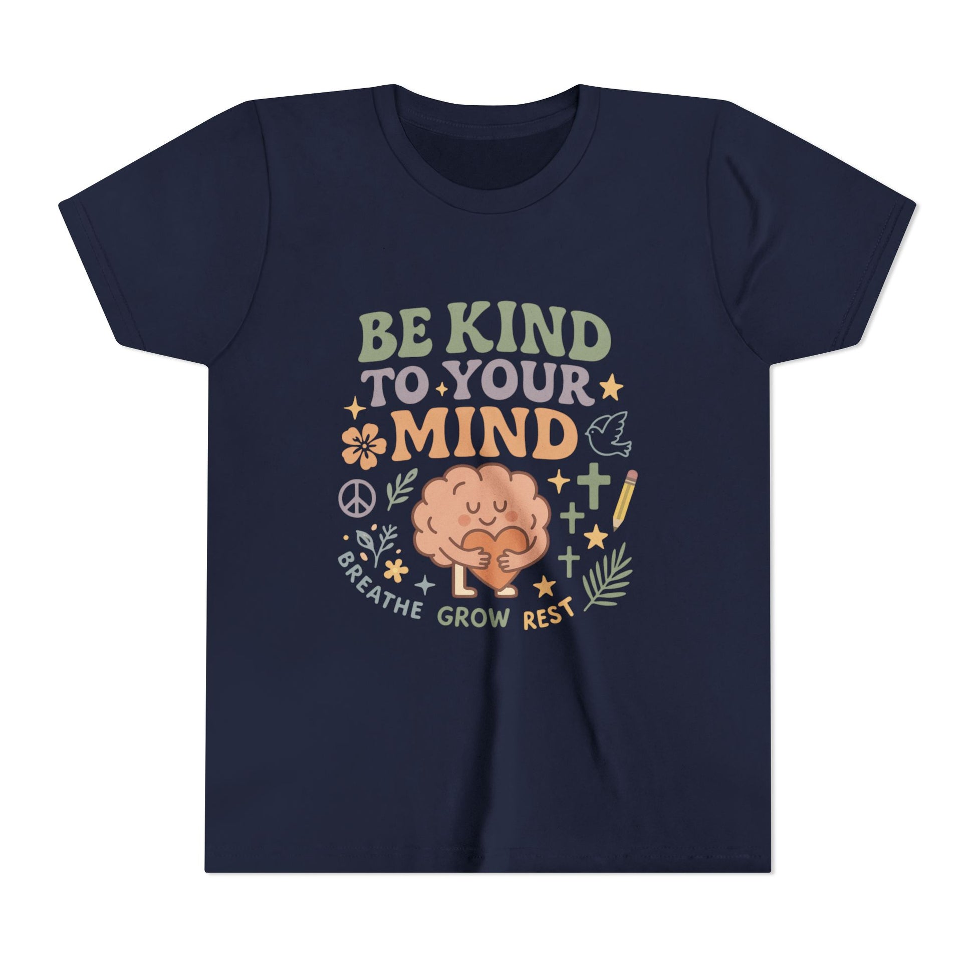 Retro-style t-shirt with “Be Kind to Your Mind” text, featuring a smiling cartoon brain hugging a heart, surrounded by peaceful doodles and affirmations like “Breathe,” “Grow,” and “Rest.”