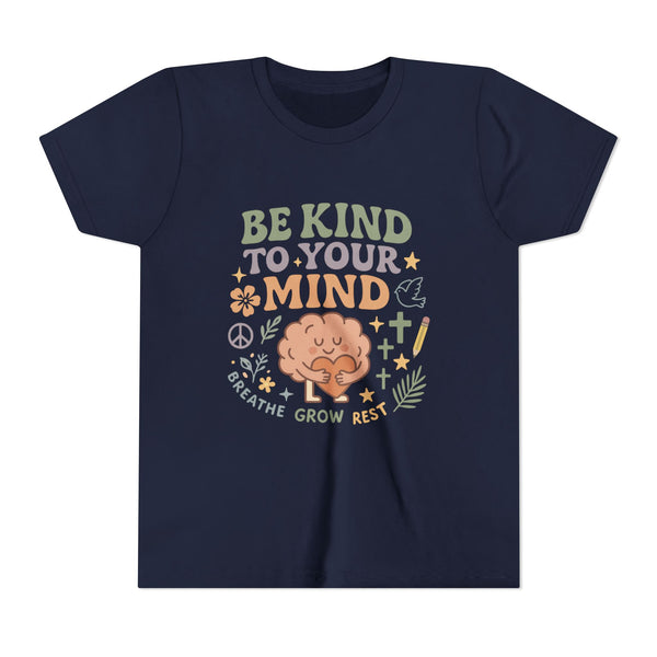 Retro-style t-shirt with “Be Kind to Your Mind” text, featuring a smiling cartoon brain hugging a heart, surrounded by peaceful doodles and affirmations like “Breathe,” “Grow,” and “Rest.”
