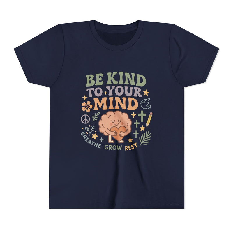 Retro-style t-shirt with “Be Kind to Your Mind” text, featuring a smiling cartoon brain hugging a heart, surrounded by peaceful doodles and affirmations like “Breathe,” “Grow,” and “Rest.”
