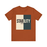 A bold, graphic design featuring the word “STABILITY” split across two contrasting colored backgrounds, with half the word on each side. Referenced scripture Isaiah 26:3 anchors the message visually and spiritually.