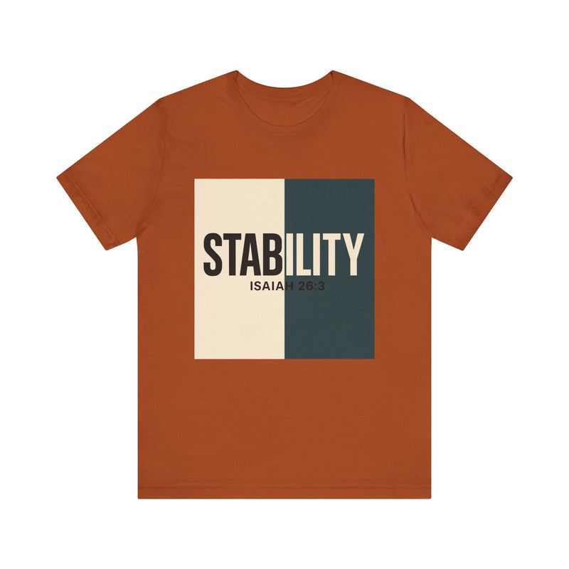 A bold, graphic design featuring the word “STABILITY” split across two contrasting colored backgrounds, with half the word on each side. Referenced scripture Isaiah 26:3 anchors the message visually and spiritually.